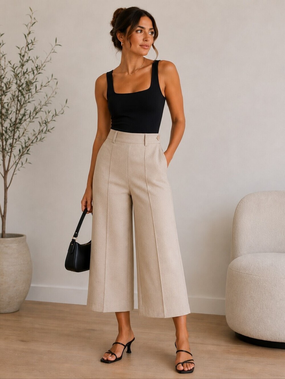 VINCE Cream and Tan Wide Leg Trousers with High Waist and Relaxed Fit
